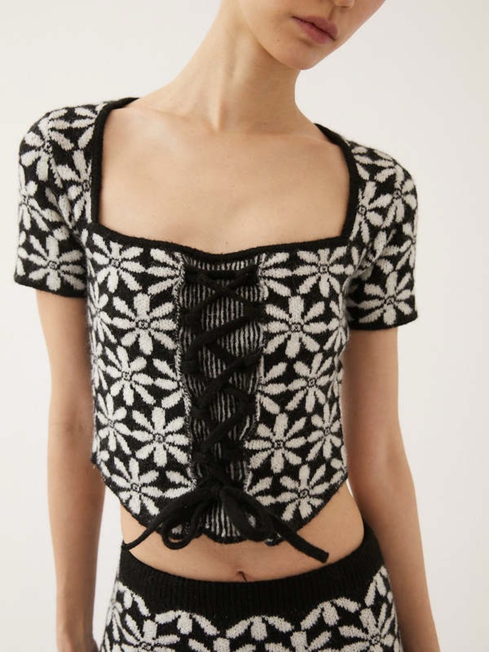 TACH Wool Lace-Up Floral Knit Crop Top